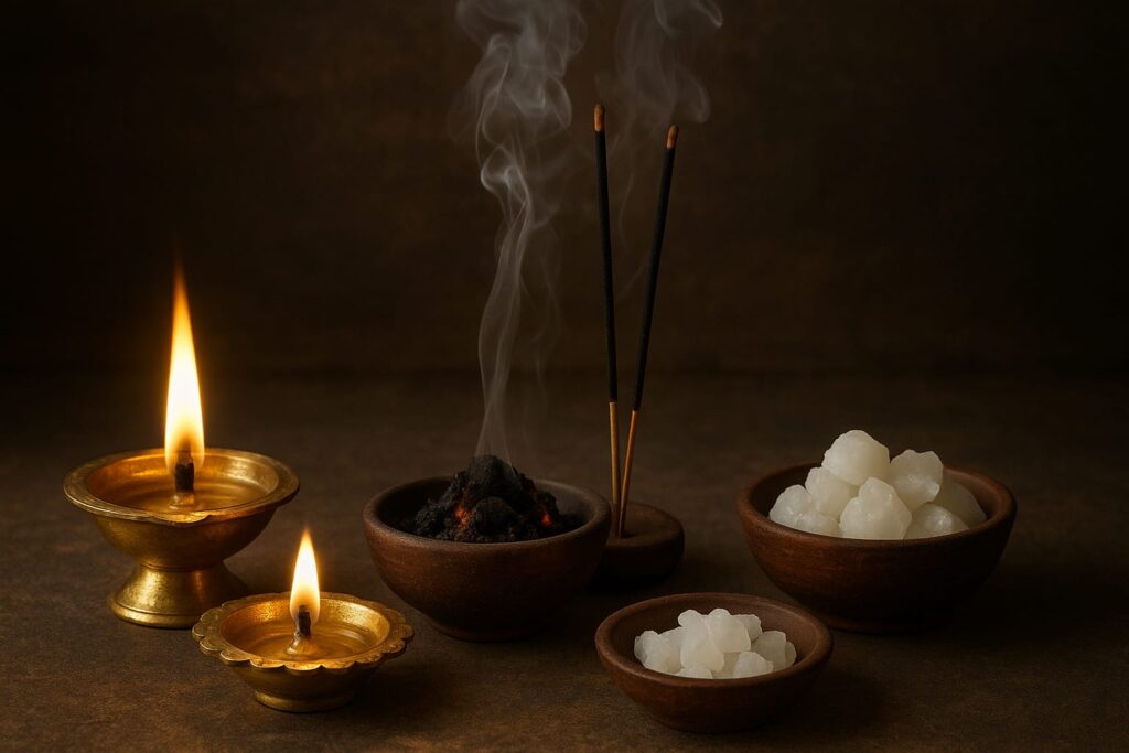 Diyas, incense sticks and camphor for pooja